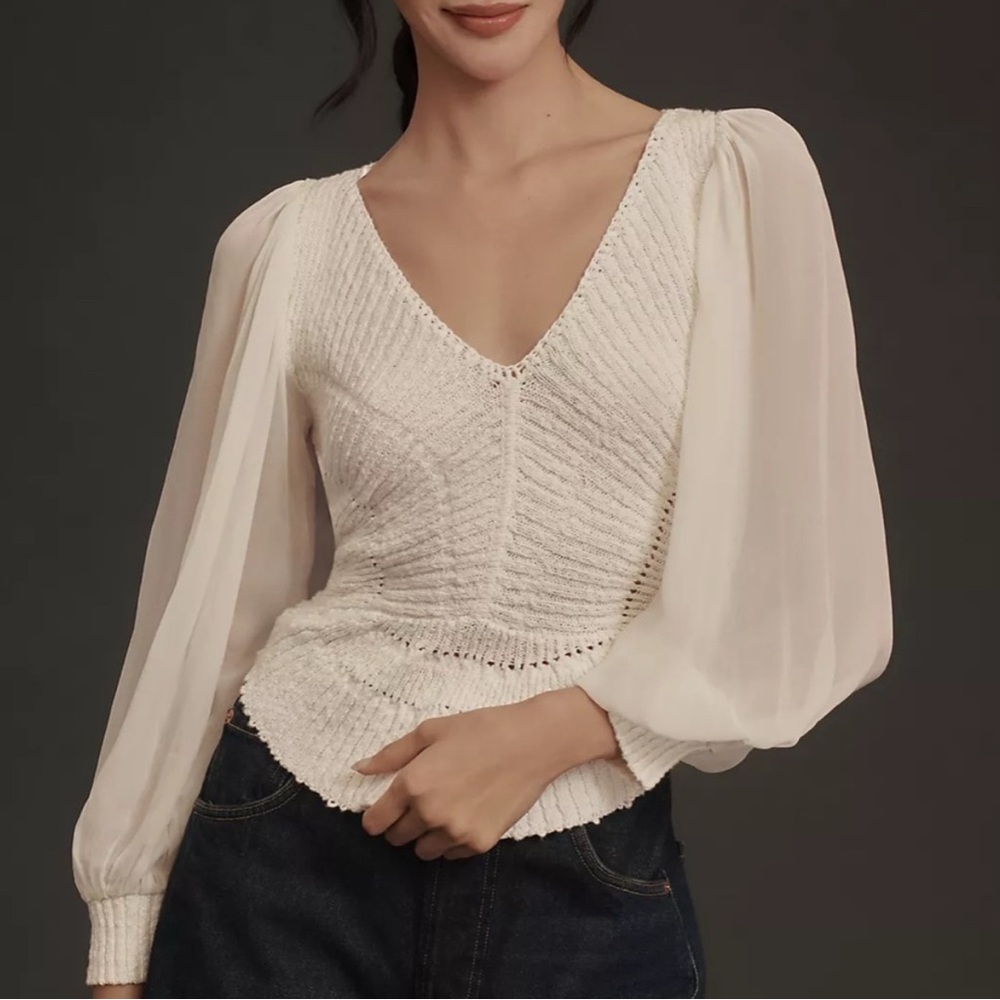 Anthropologie Blouse Sheer Long Sleeve V Neck